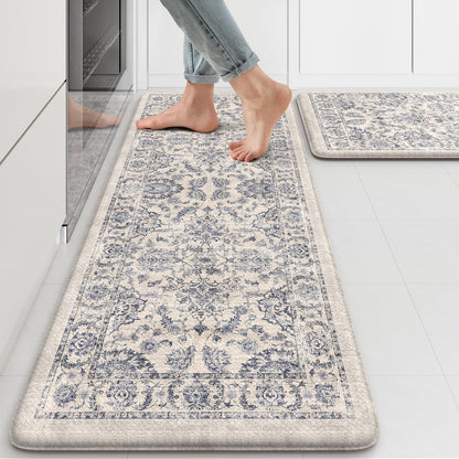 KIMODE Anti Fatigue Kitchen Mats for Floor, Boho Floral Kitchen Rugs 17"x29.5"+17" x47”, Cushioned Mats for Kitchen Floor, Non Slip Kitchen Floor Mats, Sink, Laundry, Office, Desk Blue Multi