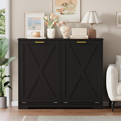 Double Tilt Out Trash Can Cabinet, Wooden Farmhouse Kitchen Garbage Bin Enclosure with Negative Ion Odor Control, Hidden Dog Proof Trash or Laundry Basket Storage for Laundry Room, Black