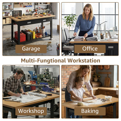 47.2" Heavy Duty Work Bench with Drawer and Storage for Garage, Small Wood Top and Metal Work Table for Crafts, 3D Printer Reloading Bench