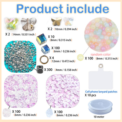 AOUXSEEM Beaded Mobile Phone Chains Making Kit, Can Make 10 Pcs Cell Phone Wrist Straps, Assorted Crystal Diamond/Butterfly/Metal/Round Beads for Girls DIY Handmade Gifts
