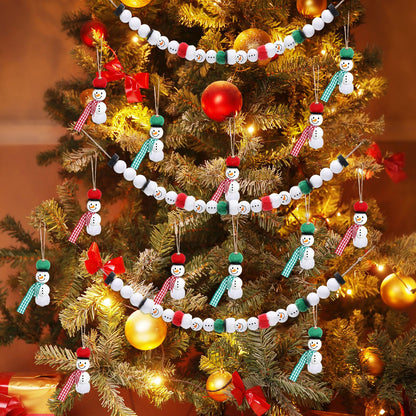 Amyhill 120 Pcs DIY Christmas Snowman Wooden Beads for Craft, Fuzzy Faux Fur Poms, Winter Wood Beads Buffalo Plaid Colorful Print with Twine, for Party Xmas Santa Tree Jewelry Home(Red Green)