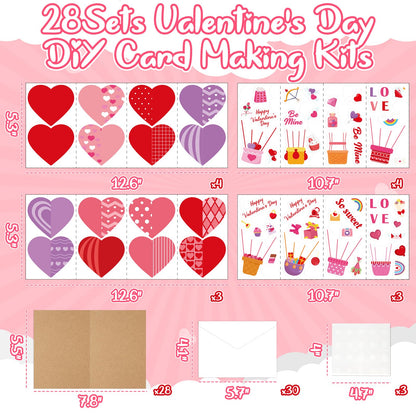 80UncleKimby 28Sets Valentines Day Crafts Card Making Kit DIY 3D Heart Cards with Envelopes Conversation Hearts Arts Craft Classroom Exchange Party Favors Bulk Supplies