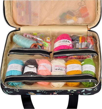 Portable Square Cross Stitch Starter Kits Bag Embroidery Project Bag Embroidery Tool Storage Tote Bag with Multifunctional Pockets, Bag Only (Black Leaves)