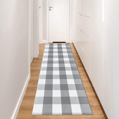 Aoczes Buffalo Plaid Runner Rug 2x6 Feet Grey and White Checkered Runner Rug Cotton Woven Farmhouse Floor Mat Washable Rugs for Hallway Kitchen Laundry Bedroom Living Room
