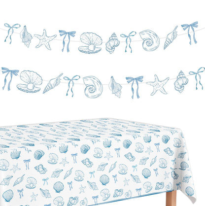 Hokinaa Beach Ocean Party Decorations - 4 Pcs Seashell Coastal Summer Decor Banner Tablecloth Blue Bow Under the Sea Supplies for Happy Birthday Baby Bridal Shower Wedding Bachelorette Engagement