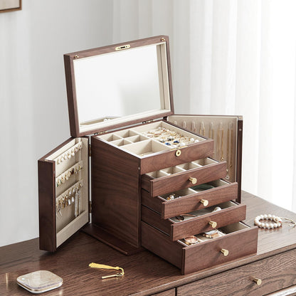 CHOSIN Black Walnut Wooden Jewelry Box for Women with Mirror, 5 Drawers and 2 Side Doors for Watches, Necklaces, Rings, Earrings Storage, Ideal Gift for Her, Fathers Day Gift