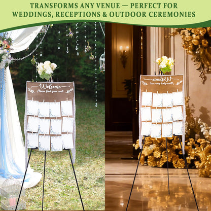 Wooden Wedding Seating Chart Board, Two Connectable Panels (23.7"×17"), 0.32" Thick, Foldable Design with Metal Stand, White Lace Ribbon, Floral Décor, and 20 Cards for Ceremony & Reception