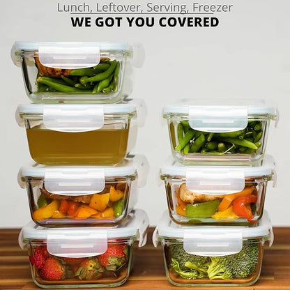 Razab 16 Pc (Set of 8) 30 Oz Glass Meal Prep Containers with Lids, Airtight Large Glass Food Storage Containers, Reusable Leak Proof BPA Free, Freezer to Oven and Dishwasher Safe