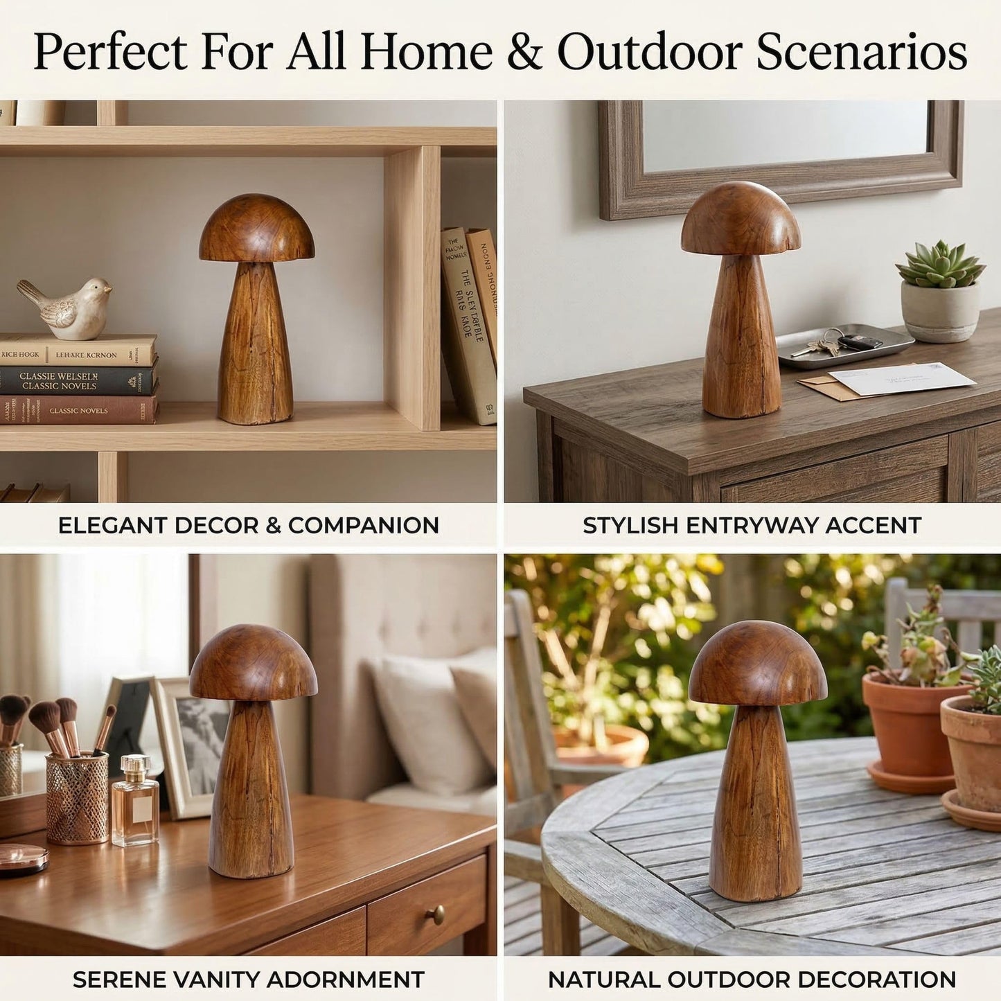 JOLLYMER Solid Teak Wood Mushroom Decor, Handmade Wooden Sculpture Rustic Boho Tabletop Accent, Natural Wood Grain Home Decoration Figurine for Living Room, Shelf, Coffee Table Indoor Decor