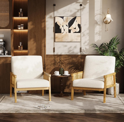 IDEALHOUSE Rattan Accent Chair, Boucle Armchair, Upholstered Reading Chair with Wooden Frame and High Back, Leisure Chairs for Living Room Bedroom Waiting Room Reception, White