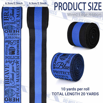 2 Rolls 20 Yards Police Support Wired Edge Ribbon, 2.5"Blue Black Stripe Police Badge Burlap Ribbon Memorial Day Patriotic Ribbons for Wreath Bow Making Police Support Decorations Supplies DIY Crafts