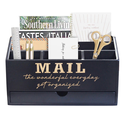 EXQUIDECA Wooden Black Rustic Countertop Mail Storage Holder with Drawer and Compartments - Office Desk Accessories and Workspace Organizers - Desktop Sorter for Pen Stationery Letter Files Documents