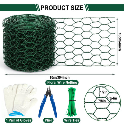 Floral Wire Netting, 4 x 394 Inch Flower Mesh Netting, Chicken Wire for Floral Arrangement, Galvanized Hexagonal Chicken Wire Fence with Plier Gloves, Protect Plant & Decorate Flower Arch, DIY Craft