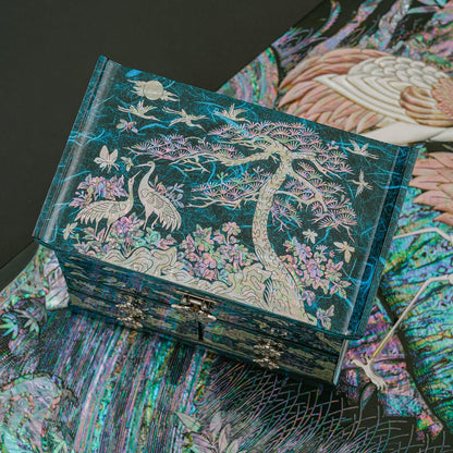 February Mountain Elegant Mother of Pearl Jewelry Box – Handcrafted Wooden Chest with Intricate Butterfly and Crane Designs, 4 Drawer Storage, and Red Velvet Interior – Ideal Gift for Women