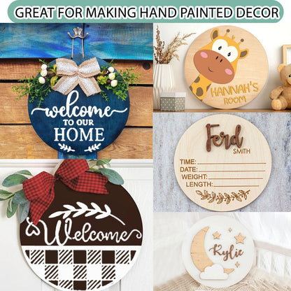 12 Inch Wood Circles for Crafts, 10Pcs Unfinished Wood Rounds with 4 Stencils & Painting, DIY Wooden Crafts for Door Hanger, Sign, Wood Burning, Painting, Gifts for Father's Day Home Decor