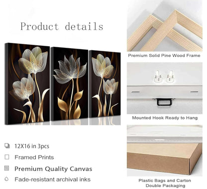 3 Pieces Modern Abstract Brown Flowers Canvas Wall Art Minimalism Black and Gold Floral Painting Pictures Luxury Wall Decor Posters Print Artwork for living room Office Bedroom Home Decoration