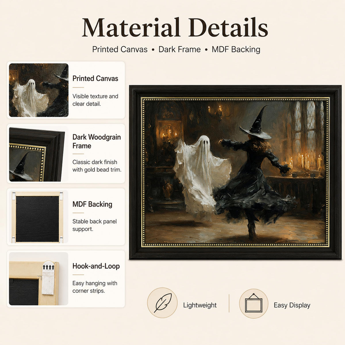 Vbaourut Framed Halloween Wall Art, Dancing Witch and Ghost Canvas Painting, Vintage Gothic Poster with Dark Brown Frame and Upgraded Hook and Loop for Bedroom, 9x11 in