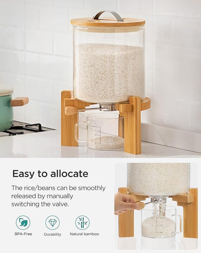 HBlife 8-10 Lbs Glass Rice Dispenser with Wooden Stand Flour and Cereal Container with Glass Measuring Cup Pantry Food Organization Storage Bin with Airtight Bamboo Lid, 5L