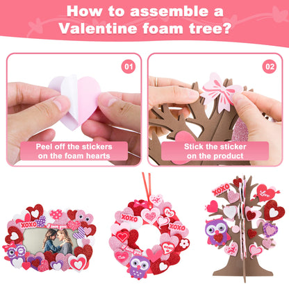 798 Pcs Valentines Day Crafts, 18 Sets DIY Valentines Foam Craft Set, Self Adhesive Glitter Foam Stickers Photo Frames Wreath 3D Love Heart Tree, EVA Foam Stickers Kits for School Home Decor