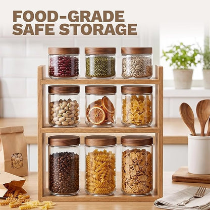Bumobum 24 oz Glass Jars with Acacia Lids, Glass Food Storage Containers with Airtight Lids, Wide Mouth Mason Salad Jars for Coffee, Sugar, Loose Tea, Spice, Nut, Candy, Cereal, Snacks (4 Pack)