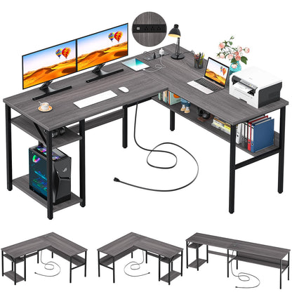 Unikito Reversible L Shaped Desk with Magic Power Outlets and USB Charging Ports, Sturdy Corner Computer Desk with Storage Shelves, Gaming Table Home Office Desk, Easy to Assemble, Enoch Walnut