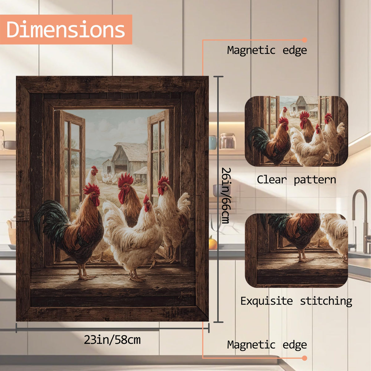 Chicken Rooster Dishwasher Magnet Cover Farmhouse Hen Reuseable Refrigerator Magnet Cover Decal Kitchen Fridge Hoilday Party Decor, 23 W x 26 H