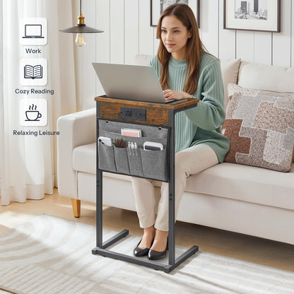 HOOBRO C Shaped End Table with Charging Station, 28" H Couch Side Table Slide Under, Sofa Arm Tray Table with Storage Bag for Living Room, Recliner, Rustic Brown BF70USF01