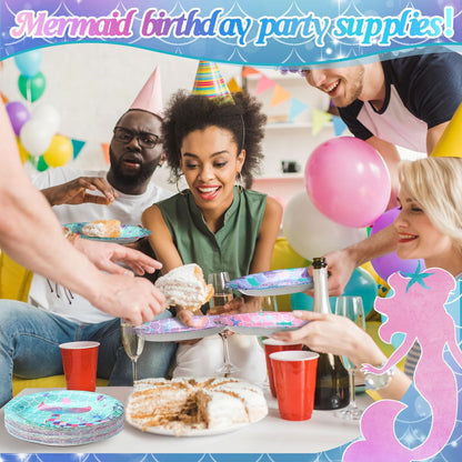 Funnymoom 60 Pcs Mermaid Birthday Party Decor 7 Inch Mermaids Dessert Paper Plates Under the Sea Disposable Dinner Cake Plates Princess Shell Dinnerware for Ocean Baby Shower Party Supplies