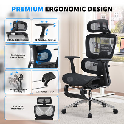 hujusko Mesh Ergonomic Office Chair with Footrest,High Back Mesh Gaming Chair with Lumbar Support,Adjustable Headrest and Armrests for Home Office Desk Chair (Modern, Black)