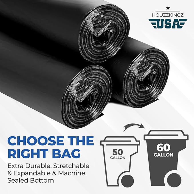 55 Gallon Large Trash Bags – 160 Mega Pack – 20 Micron Black Contractor Garbage