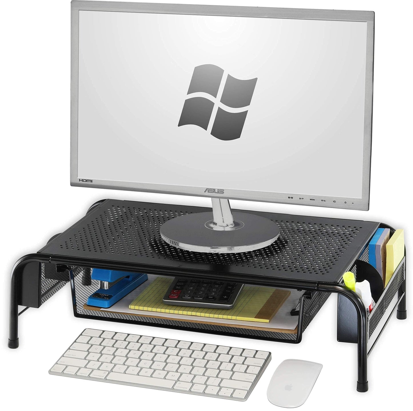 SimpleHouseware Metal Monitor Stand Riser with Drawer + Mesh Monitor Riser with Drawer