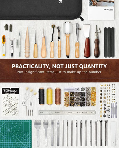 FifthQuarter Leather Tooling Kit: 458 Pcs Essential Leather Working Tools and Supplies for Starter with Guide Craft Tool Kits with Organizer for Stamping | Cutting | Stitching | Carving