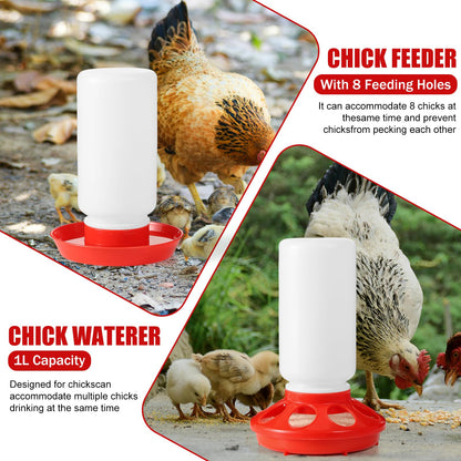 7PCS Chick Feeder and Waterer Kit with Wooden Perch,Baby Poultry Starter Set with Chick Perch for Small Poultry Chicks Ducks Quail Pigeons Birds(Red Chick Feeder Waterer Kit)