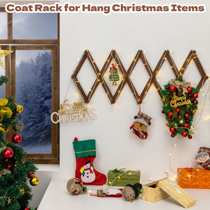 Cozcty Accordion Wall Hanger, Wooden Hat Rack for Wall with 16 Hooks, Expandable Peg Hat Hanger Organizer, Decorative Coat Rack Hanging Baseball Caps, Bags, Scarves (Walnut)