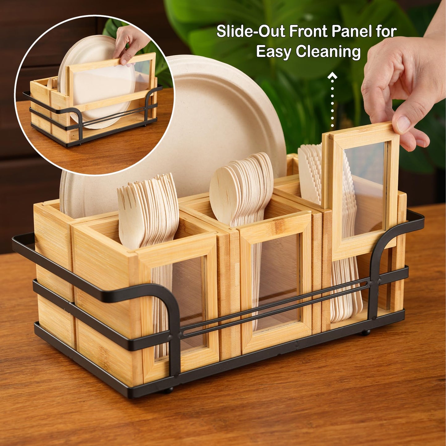 OTTENON Silverware Caddy Wood Utensil Holder Cutlery Flatware Paper Plate Dispenser Organizer for Spoons Forks Plates Napkins (Acrylic)