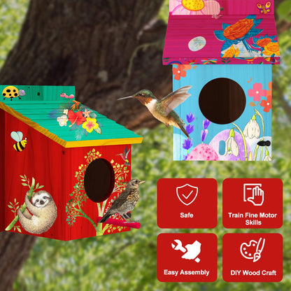 Humyoun 2 Pack Large Wood Bird Houses with Painting Kits for Outside with Pole Wooden Bird House for Finch Bluebird Cardinals Hanging Birdhouse Clearance Garden Country Cottages