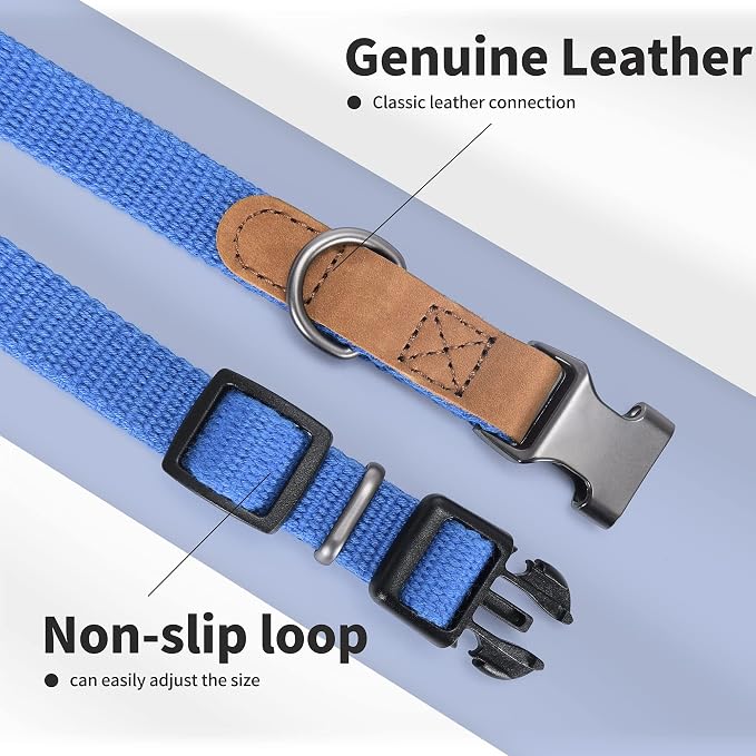 Mile High Life Genuine Leather Dog Collar, Soft Cotton Pet Collars with Heavy Metal Buckle for Small Large Dogs (Blue, L Neck 17"-21")