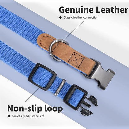 Mile High Life Genuine Leather Dog Collar, Soft Cotton Pet Collars with Heavy Metal Buckle for Small Large Dogs (Blue, M Neck 15"-18")