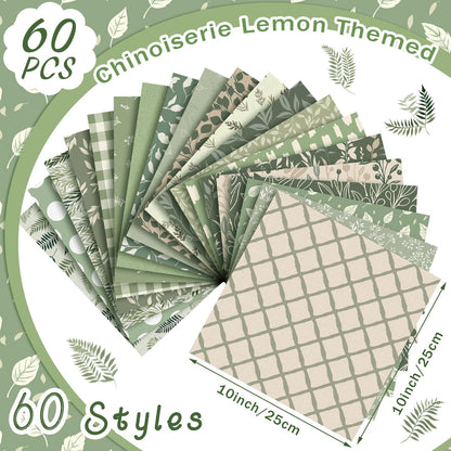 Ganeen 60 Pcs 10 x 10 Inch Sage Green Quilting Fabric Square Greenery Precuts Quilted Fabric Bundle Gingham Polka Dot Spring Leaves Printed Sewing Material for Holiday Patchwork DIY Craft Supplies