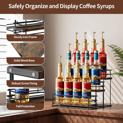 Nuovoware Coffee Syrup Organizer, 3-Tier 12 Bottles Bar Organizer, Separable Metal Rack with Wooden Base Whiskey Wine Dressing for Countertop Kitchen Coffee Bar, Black