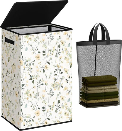 SOLEDI Laundry Hamper with Lid, 90L Tall & Large Floral Laundry Basket
