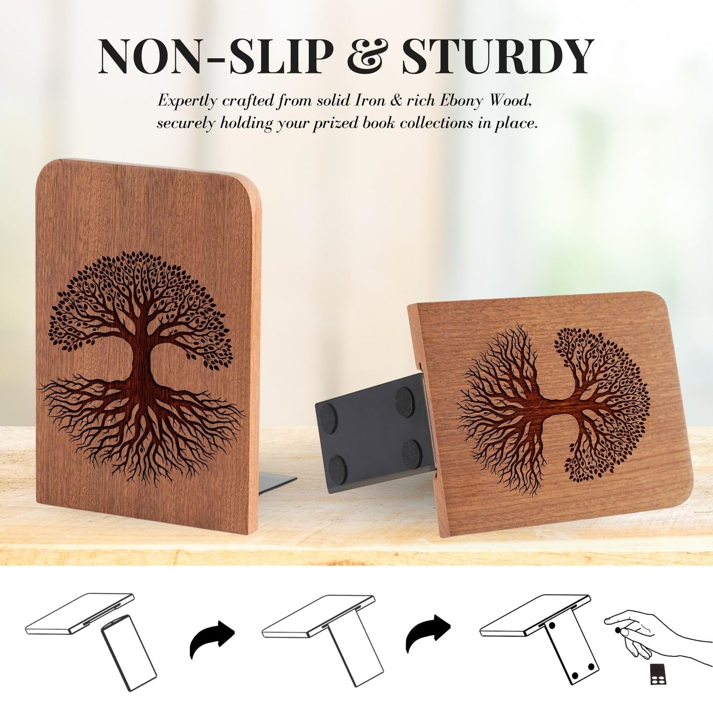 Tree of Life Wood Bookends, Gifts for Book Lovers, Novelty Bookends Unique, Heavy Duty Wooden Book Ends for Shelves Decorative(1 Pair, 4.72x6.69 Inches)