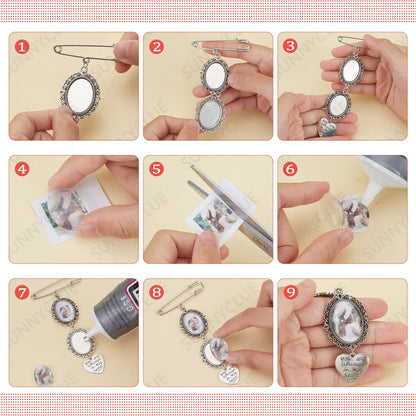 SUNNYCLUE 1 Box 100Pcs DIY 10 Sets Wedding Bouquet Photo Charms Making Kit Bridal Boutonniere Photo Charm Safety Pin Memory Brooch Lobster Claw Angel Pendants Trays and Domes Cabochon Setting Crafting