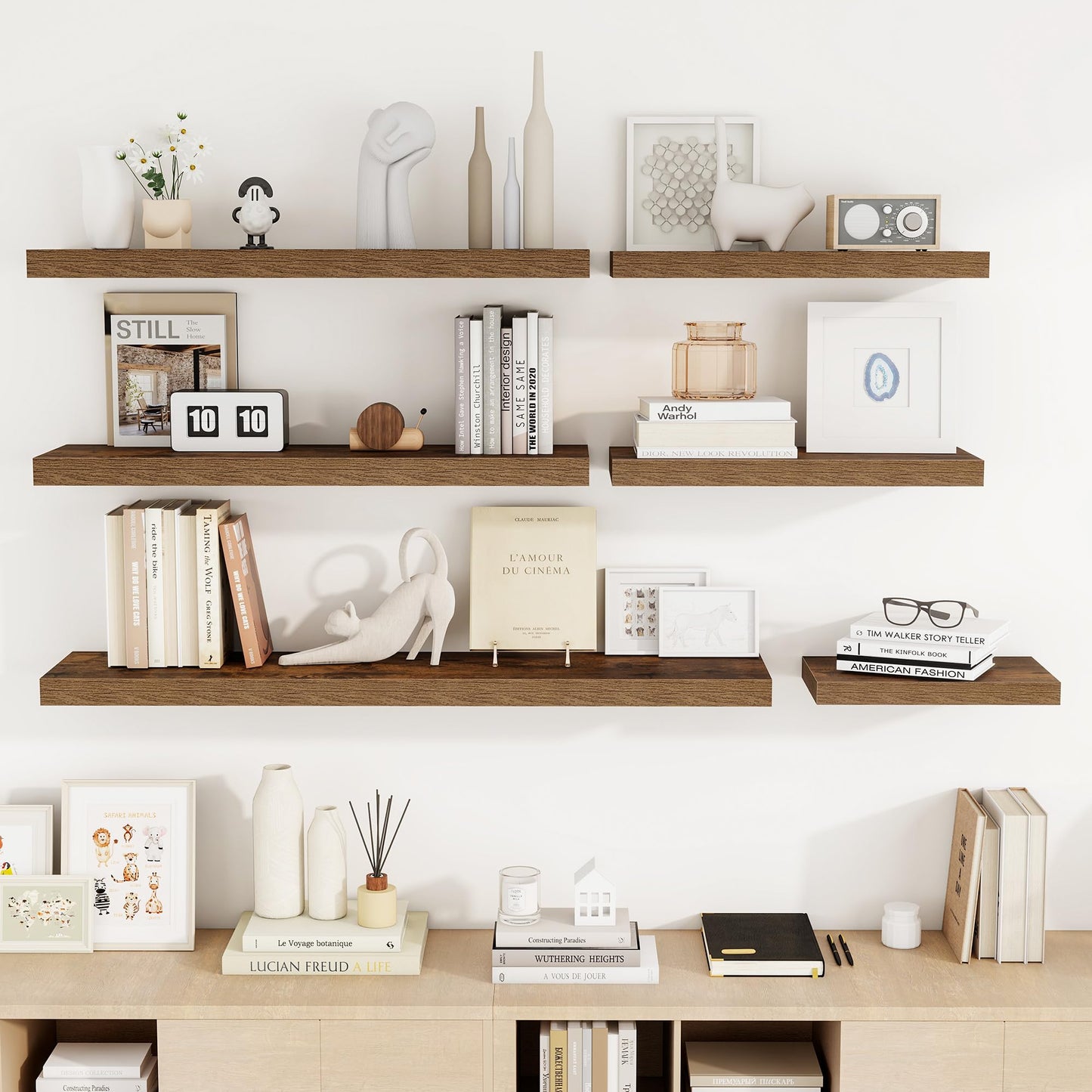 Acovy 55 Inch Floating Shelves, 55"x9.25"x1.5" Inch Deep Floating Shelves for Wall, Wooden Shelves for Bathroom, Bedroom, Living Room, Brown, 1 Piece