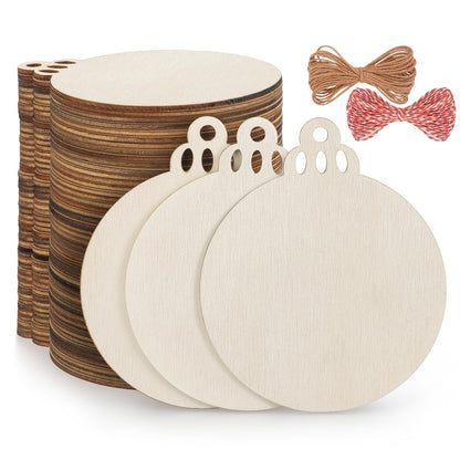 Fuyit 50PCS 4-Inch Wooden Christmas Ornaments, Unfinished Pre-Drilled Wood Slices Circles for DIY Crafts, Party Decorations & Holiday Ornaments