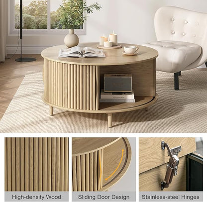 Round Coffee Table with Storage, 31.5" Mid Century Modern Coffee Table with Sliding Door & Solid Wood Legs, Minimalist Fluted Center Table for Living Room, Home Small Space, Oak