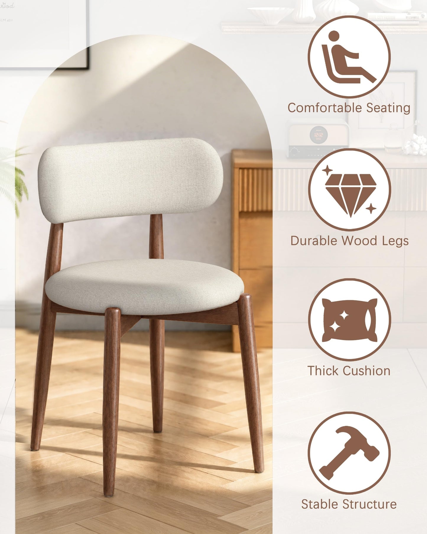 Fabulcozy Wooden Dining Chairs Set of 2, Mid Century Modern Upholstered Kitchen Chairs with Solid Wood Legs, 350lb Heavy Duty Padded Side Chairs for Dining Room & Vanity, Beige