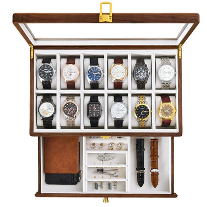 Black Walnut Watch Box for Men, 12 Slot Wooden Watch Organizer with Glass Lid, 2 Layer Watch Display Case with Drawer Jewelry Storage Box, Gift for Husband, Dad, Anniversary, Father’s Day, Women