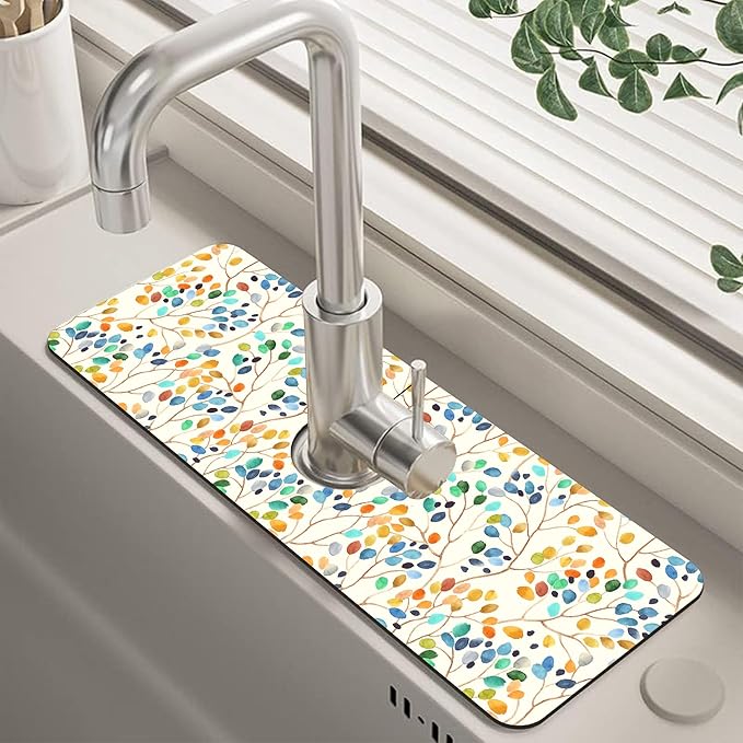 Abstract Watercolor Leaves Sink Faucet Absorbing Mat Sink Splash Guard Faucet