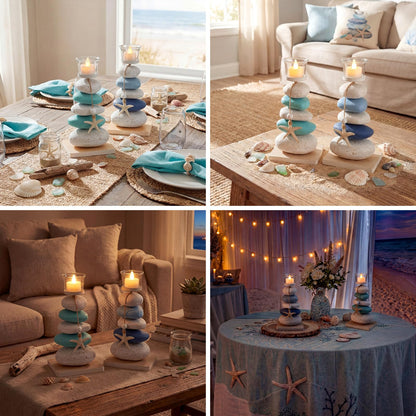 Mumufy 2 Pcs Farmhouse Coastal Candle Holder with Natural Stone Starfish, Stone Candle Holder Blue Teal Ocean Theme Drift Bottle Design Nautical Rustic Decor for Home Bathroom Table Centerpiece